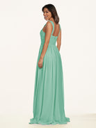 KissDress-Lia Turquoise A Line Chiffon Off the Shoulder Long Bridesmaid Dress with Pleats