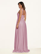 KissDress-Lia Vintage Mauve A Line Chiffon Off the Shoulder Long Bridesmaid Dress with Pleats