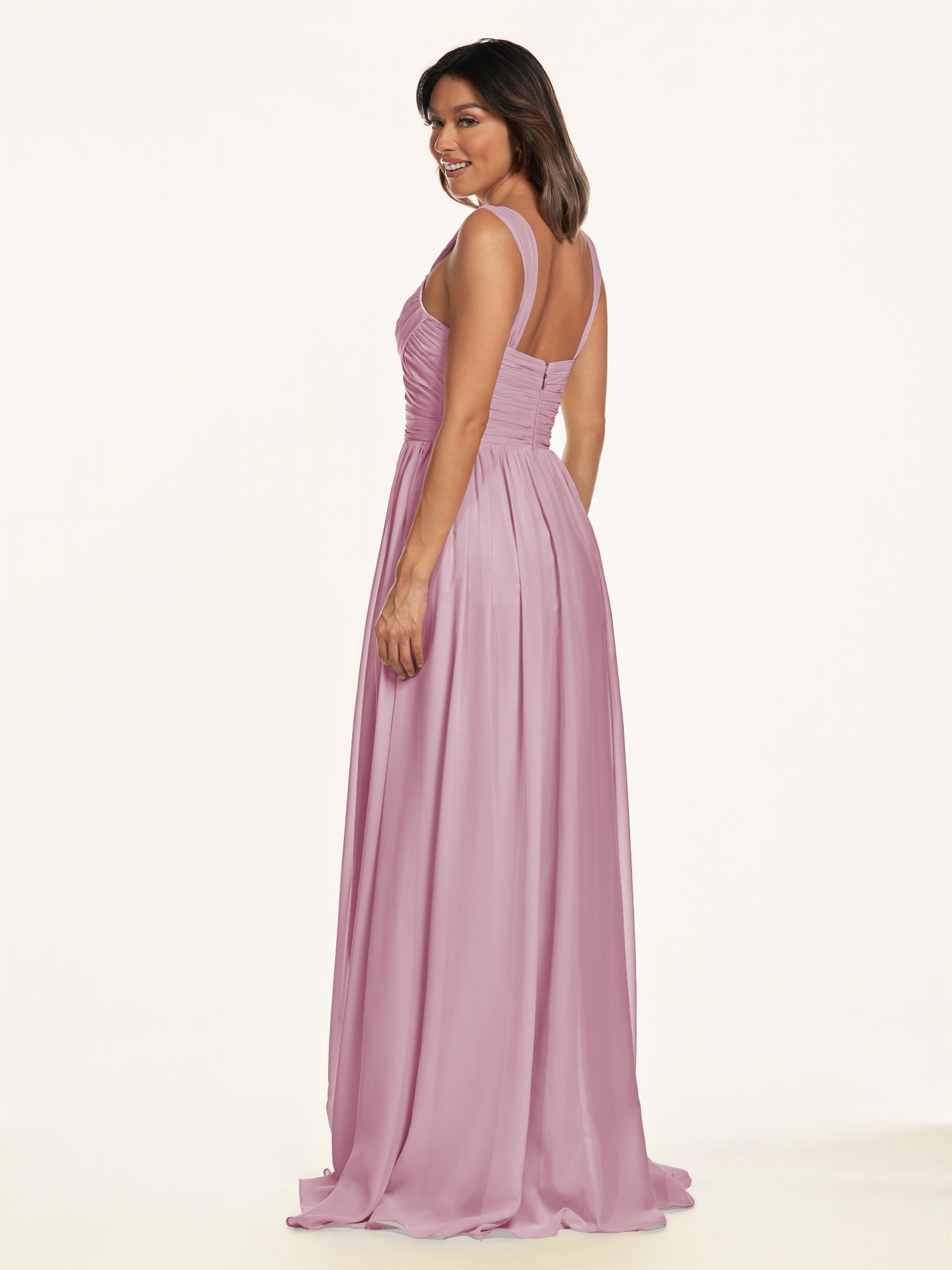 KissDress-Lia Vintage Mauve A Line Chiffon Off the Shoulder Long Bridesmaid Dress with Pleats