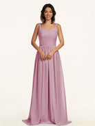 KissDress-Lia Vintage Mauve A Line Chiffon Off the Shoulder Long Bridesmaid Dress with Pleats