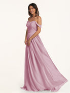 KissDress-Lia Vintage Mauve A Line Chiffon Off the Shoulder Long Bridesmaid Dress with Pleats