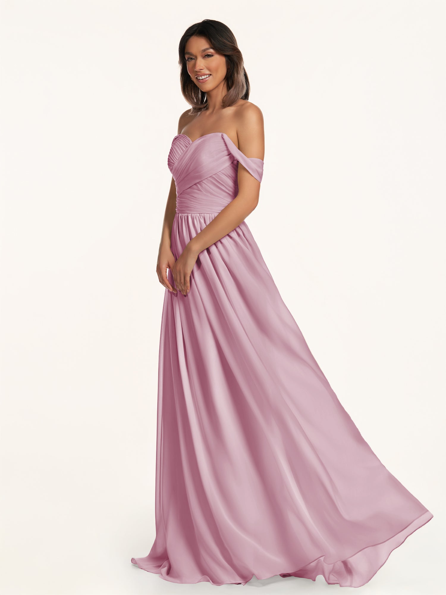 KissDress-Lia Vintage Mauve A Line Chiffon Off the Shoulder Long Bridesmaid Dress with Pleats