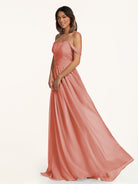KissDress-Lia Wild Rose A Line Chiffon Off the Shoulder Long Bridesmaid Dress with Pleats