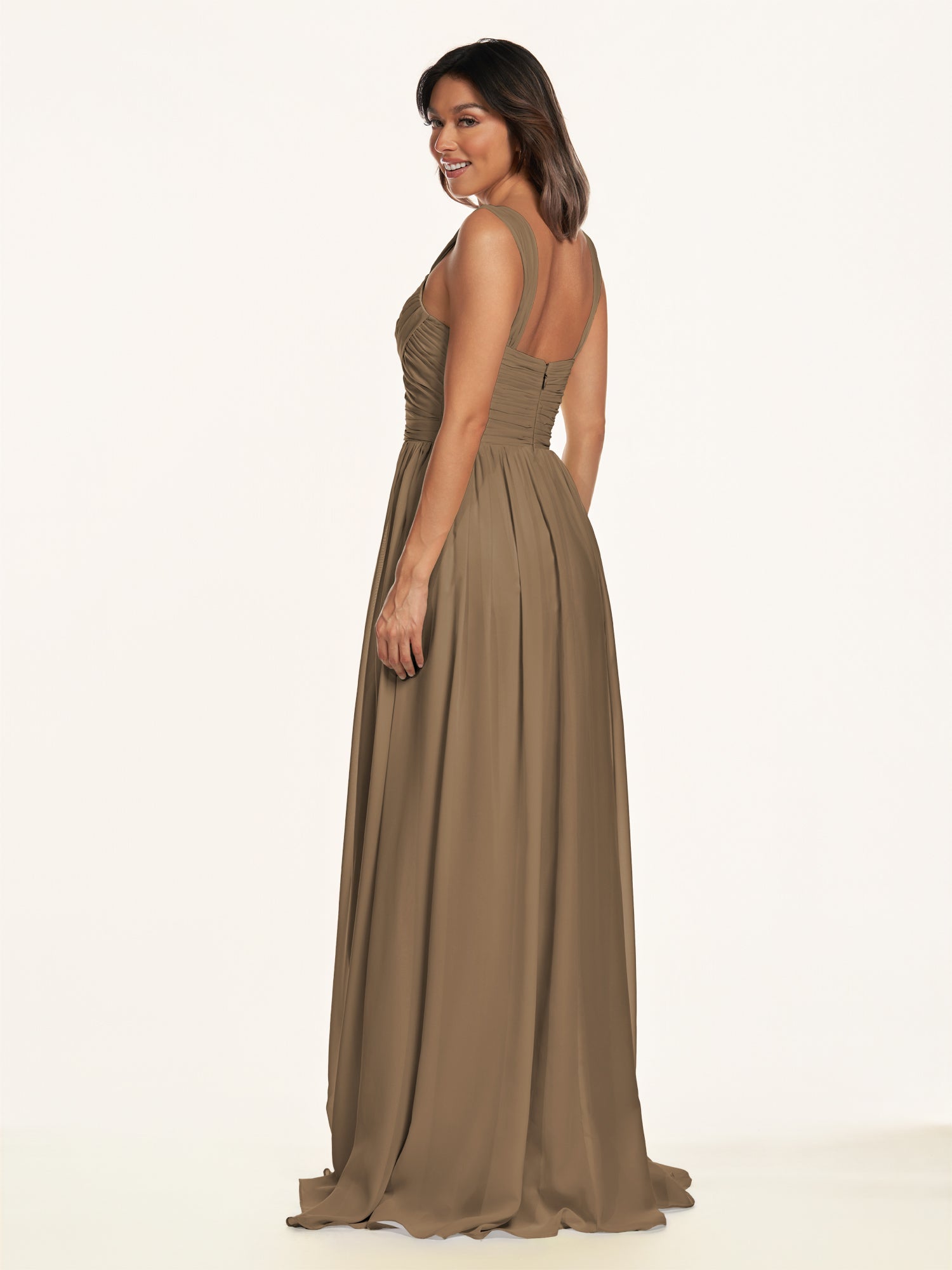 KissDress-Lia Willow Green A Line Chiffon Off the Shoulder Long Bridesmaid Dress with Pleats