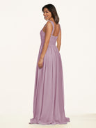 KissDress-Lia Wisteria A Line Chiffon Off the Shoulder Long Bridesmaid Dress with Pleats