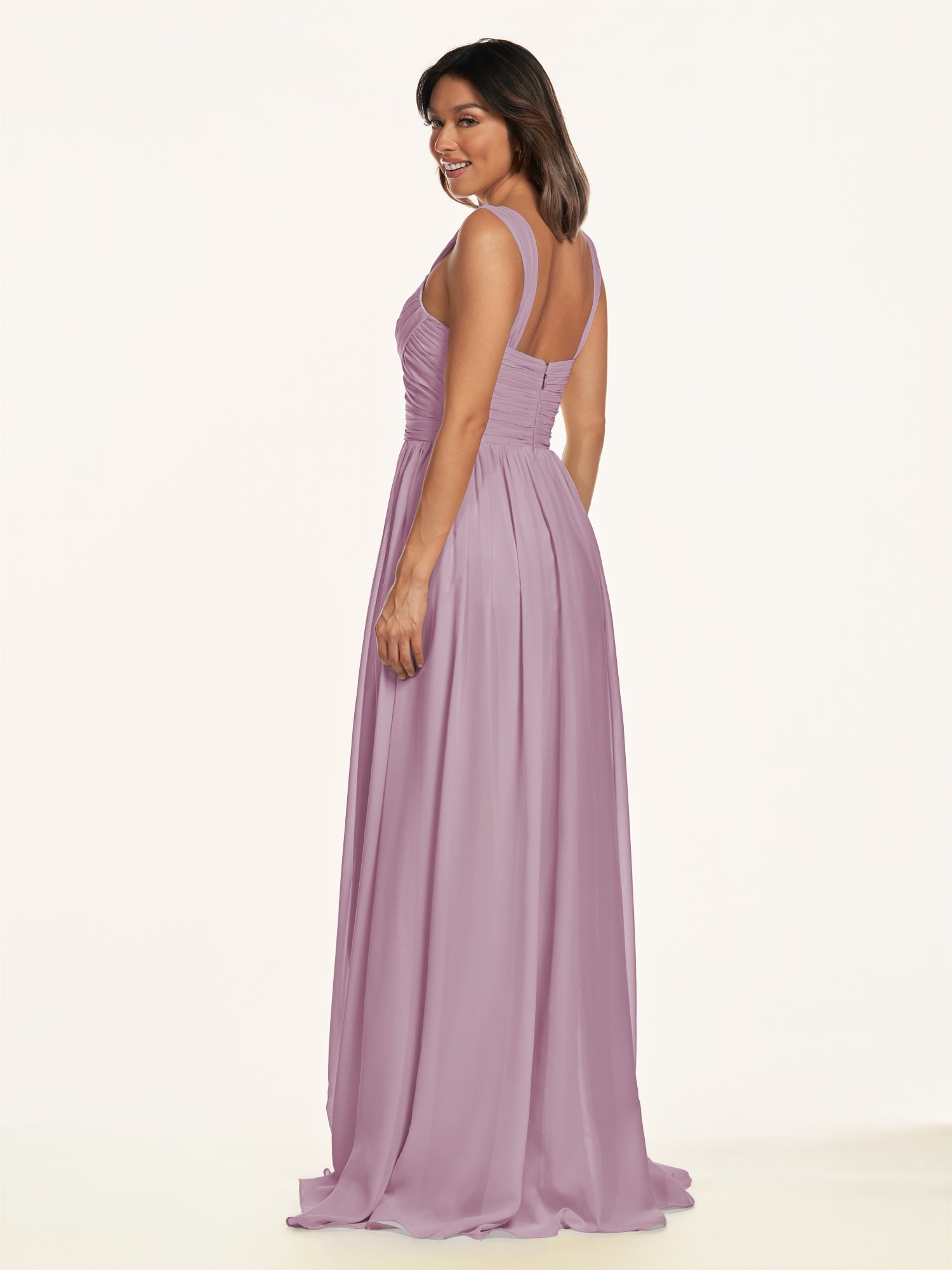 KissDress-Lia Wisteria A Line Chiffon Off the Shoulder Long Bridesmaid Dress with Pleats