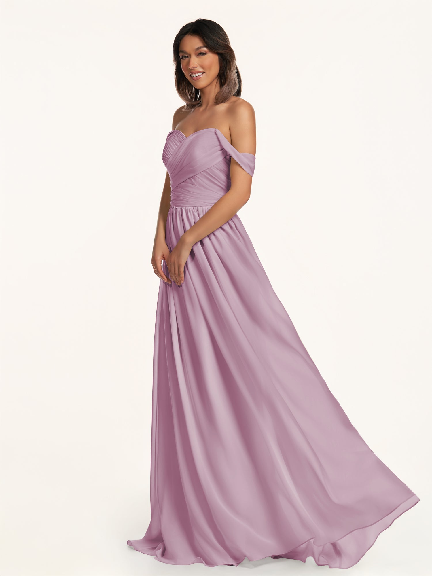 KissDress-Lia Wisteria A Line Chiffon Off the Shoulder Long Bridesmaid Dress with Pleats