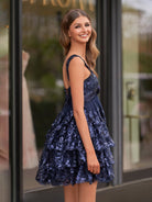 Oceane | Light Blue Rosette Sequin Baby Doll Short Party Dress - KissProm