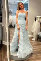 Braelyn | Light Blue Strapless Layered Tulle Prom Dress with Sequins - KissProm