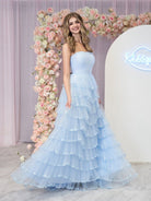 Braelyn | Light Blue Strapless Layered Tulle Prom Dress with Sequins - KissProm