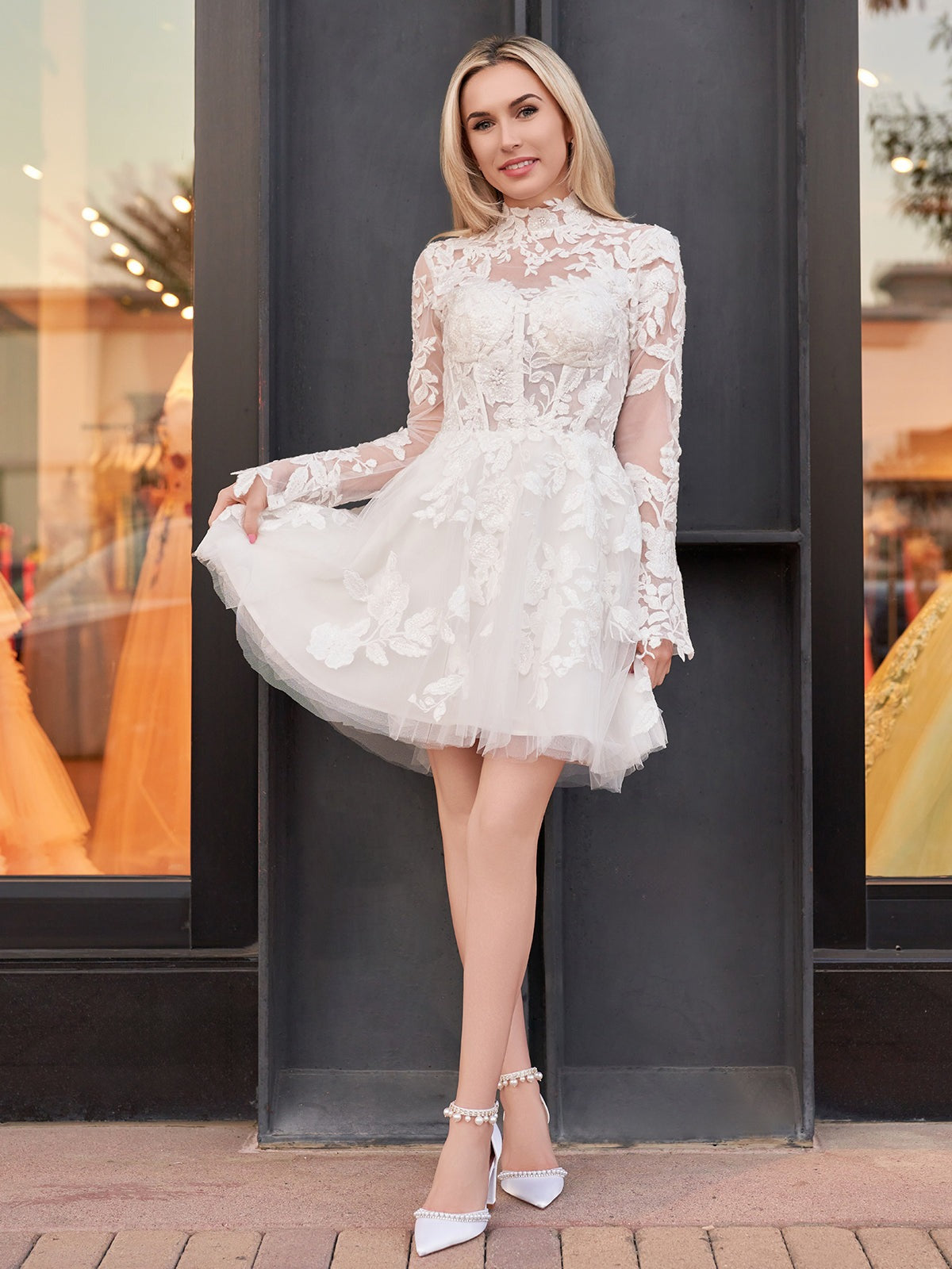 White A-Line Illusion Neck Long Sleeves Short Lace Wedding Dresses