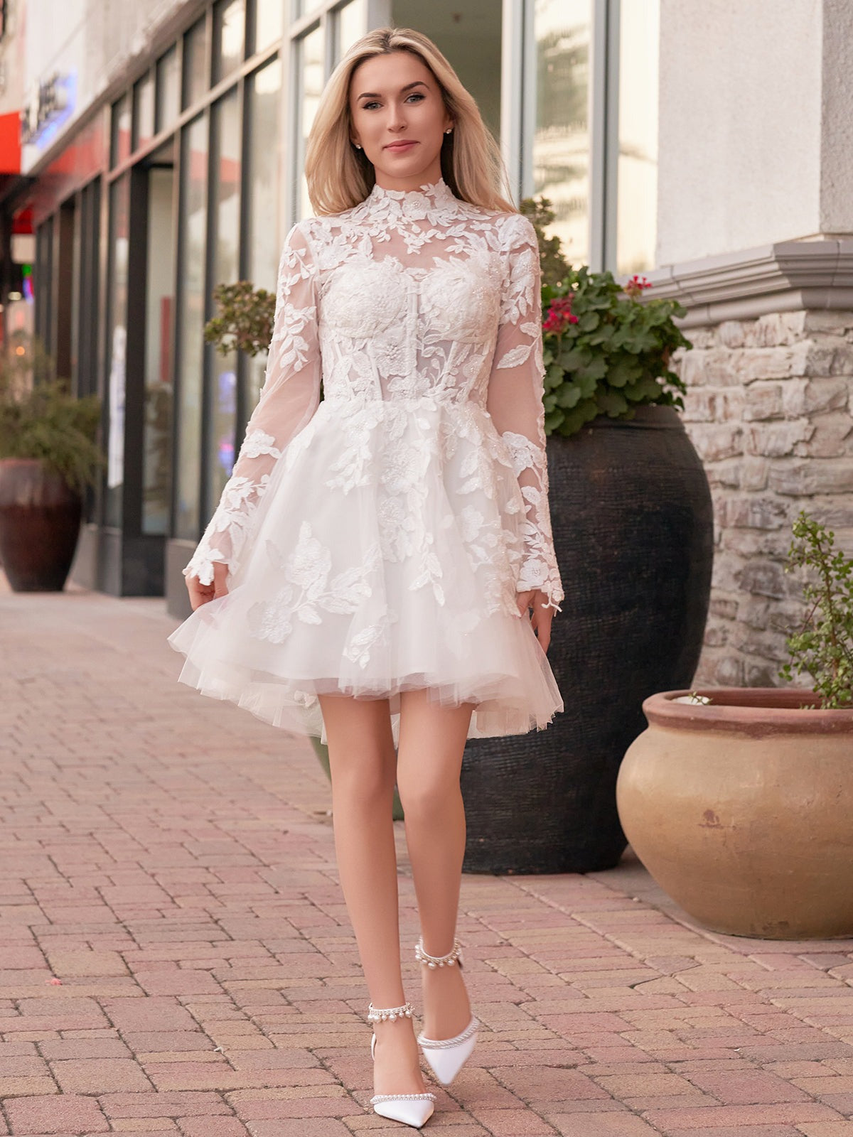 White A-Line Illusion Neck Long Sleeves Short Lace Wedding Dresses