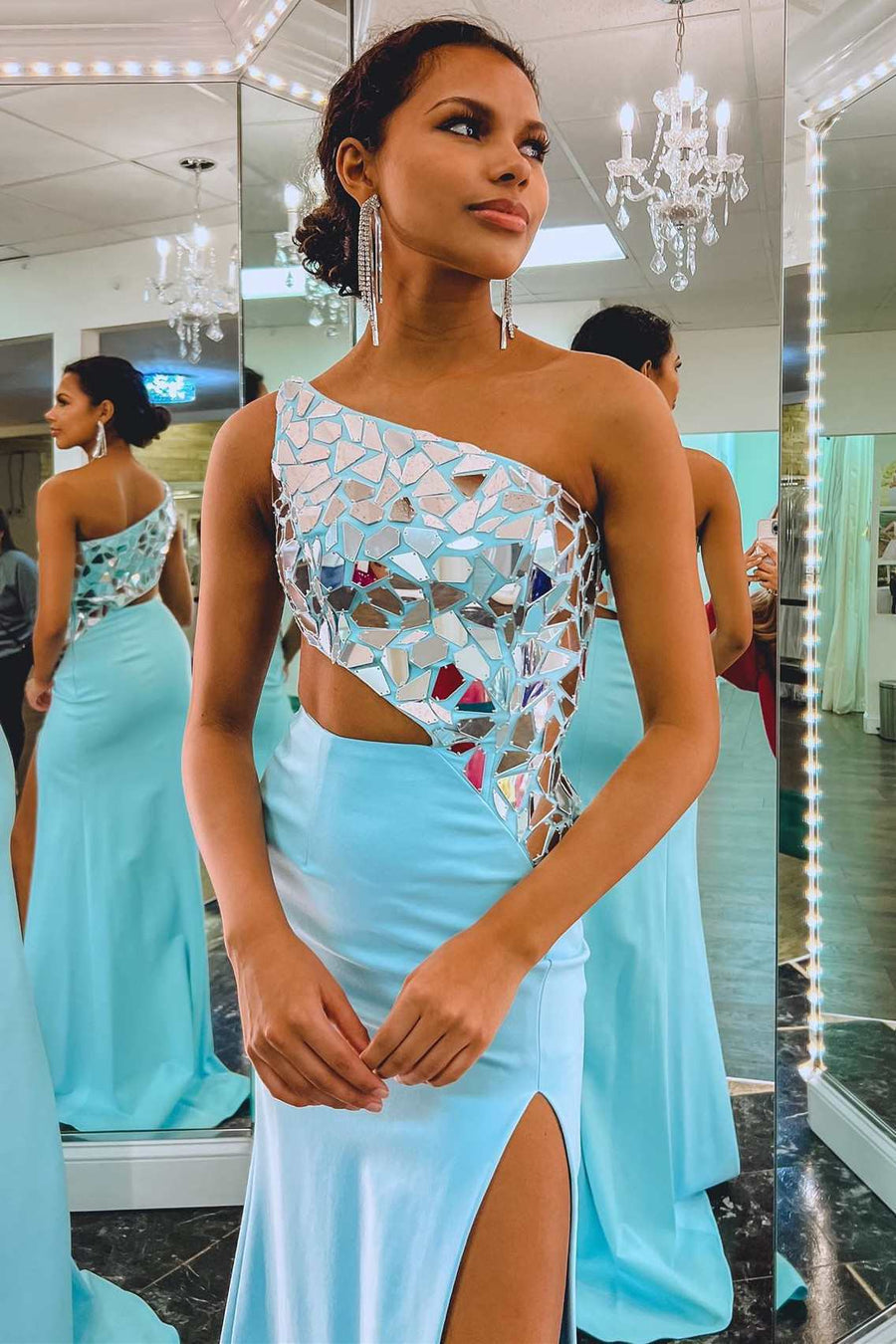 Sheath One Shoulder Cut Mirror Sequins Prom Dress
