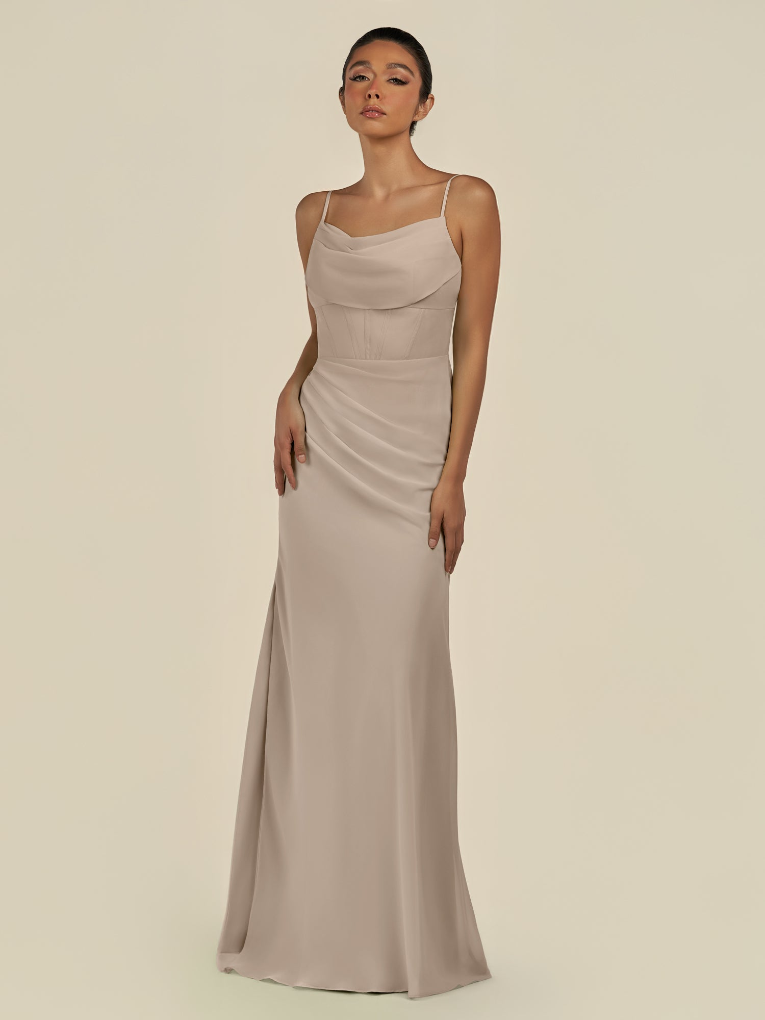 KissDress-Lumira Almond Sheath Spaghetti Straps Chiffon Ruched Long Bridesmaid Dress