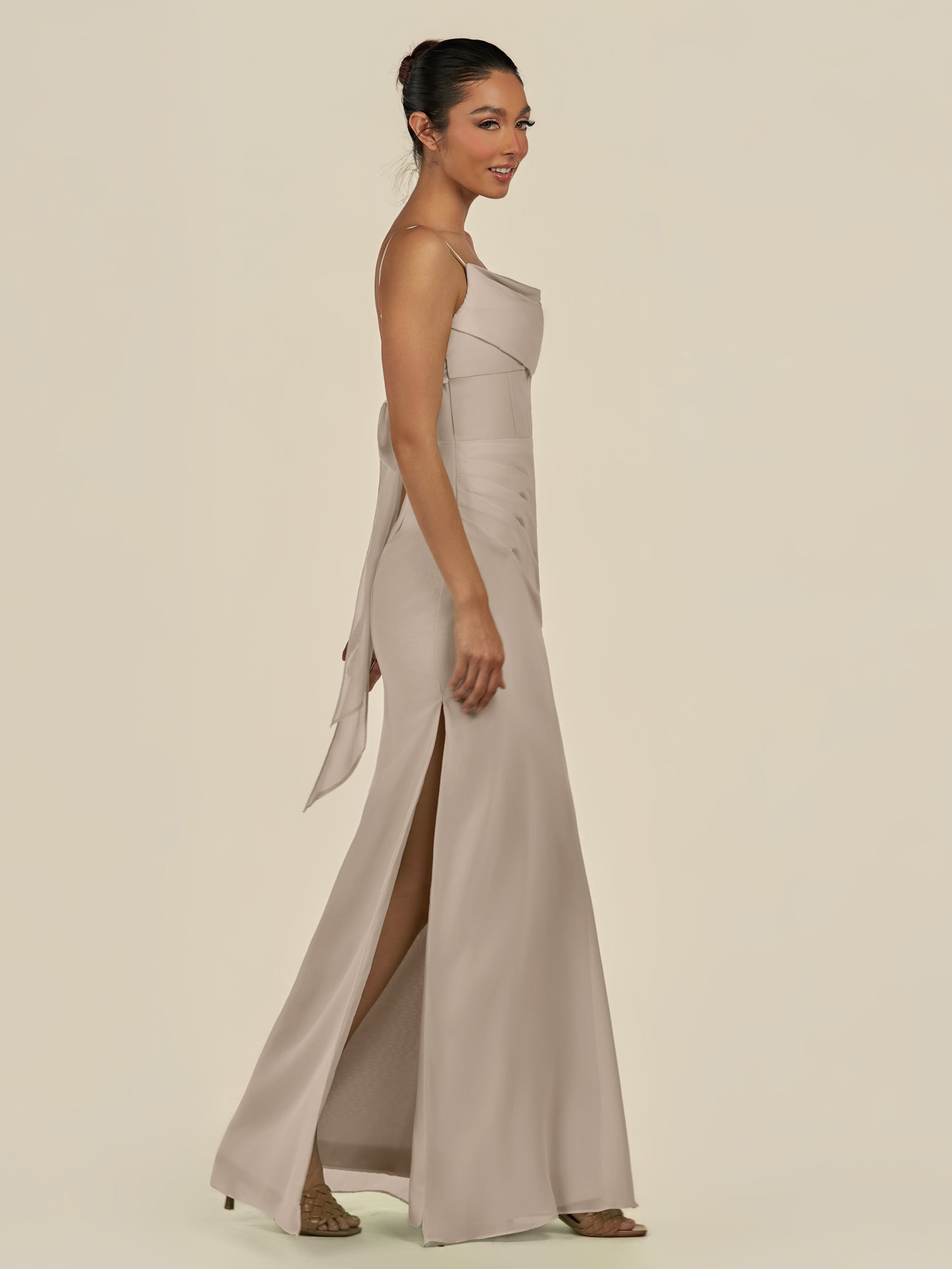 KissDress-Lumira Almond Sheath Spaghetti Straps Chiffon Ruched Long Bridesmaid Dress
