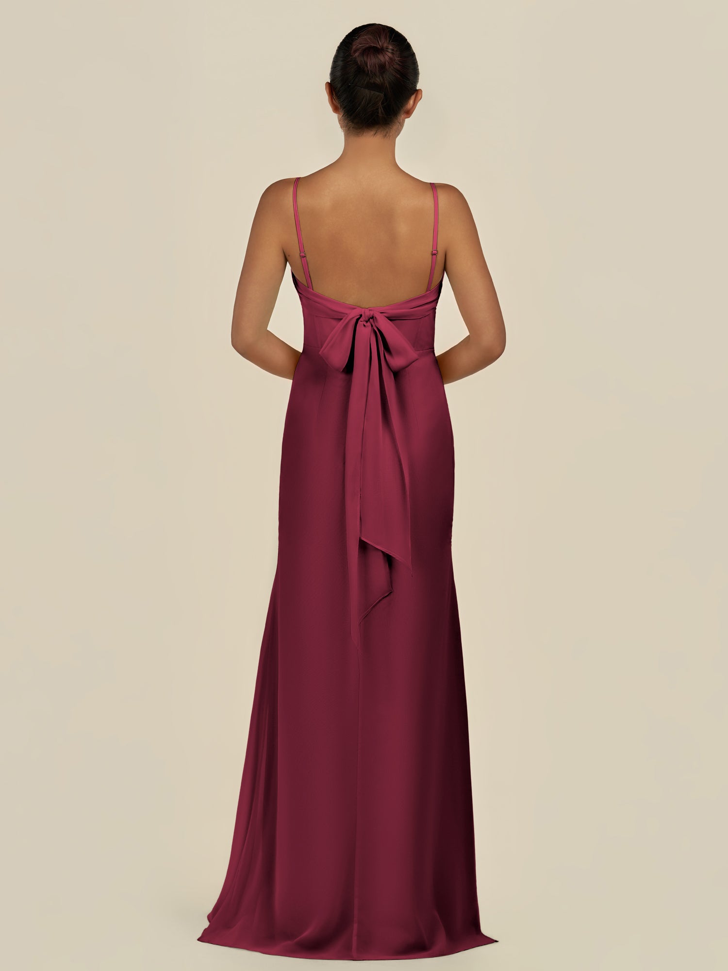 KissDress-Lumira Berry Sheath Spaghetti Straps Chiffon Ruched Long Bridesmaid Dress