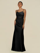 KissDress-Lumira Black Sheath Spaghetti Straps Chiffon Ruched Long Bridesmaid Dress
