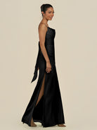 KissDress-Lumira Black Sheath Spaghetti Straps Chiffon Ruched Long Bridesmaid Dress