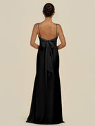 KissDress-Lumira Black Sheath Spaghetti Straps Chiffon Ruched Long Bridesmaid Dress