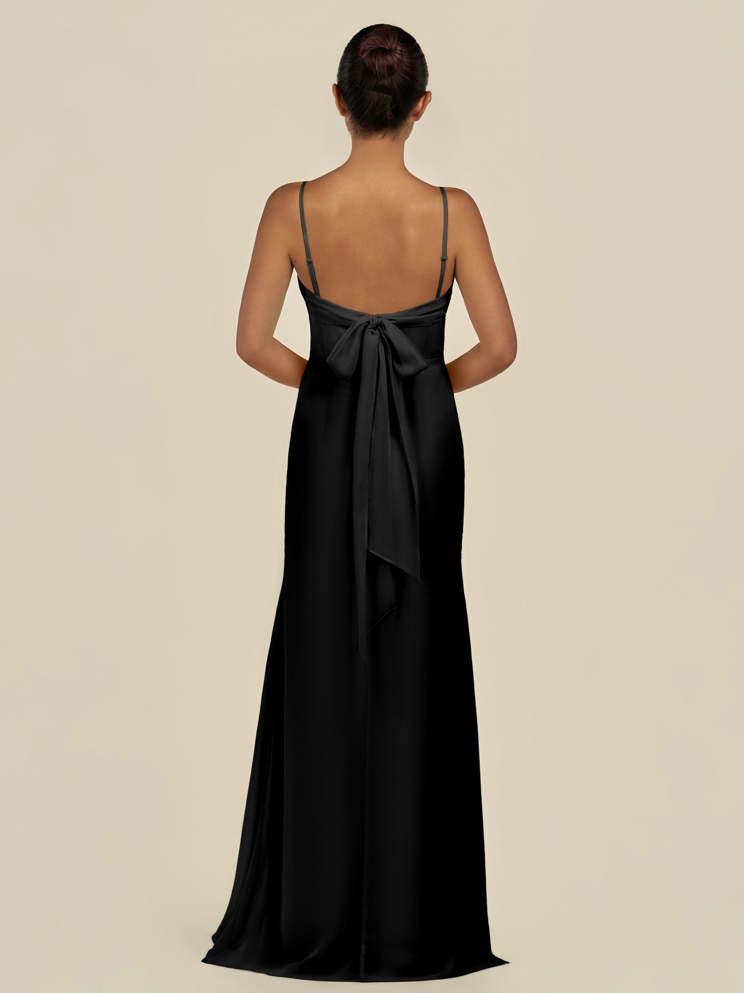 KissDress-Lumira Black Sheath Spaghetti Straps Chiffon Ruched Long Bridesmaid Dress