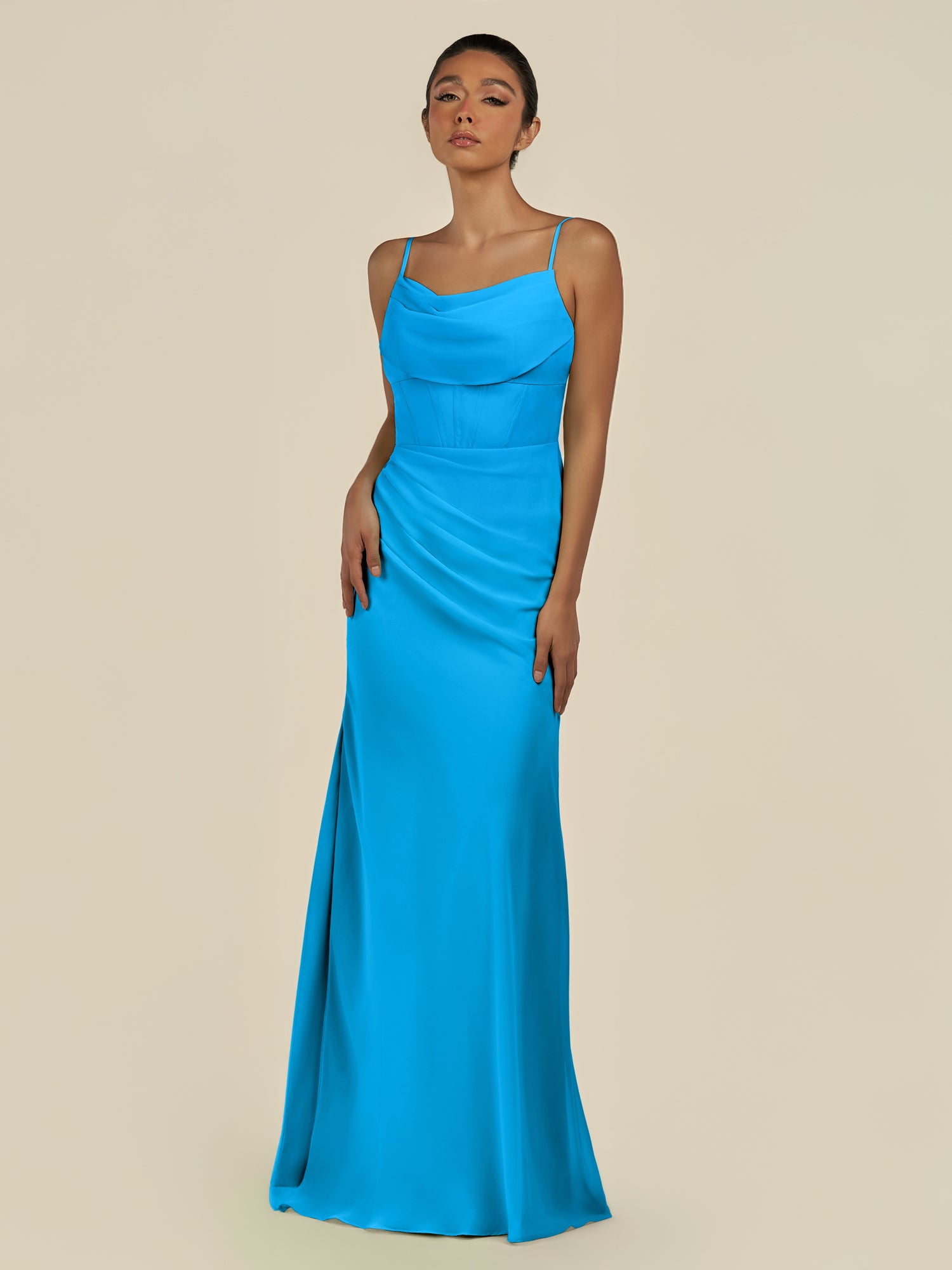 KissDress-Lumira Blue Jay Sheath Spaghetti Straps Chiffon Ruched Long Bridesmaid Dress