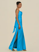 KissDress-Lumira Blue Jay Sheath Spaghetti Straps Chiffon Ruched Long Bridesmaid Dress