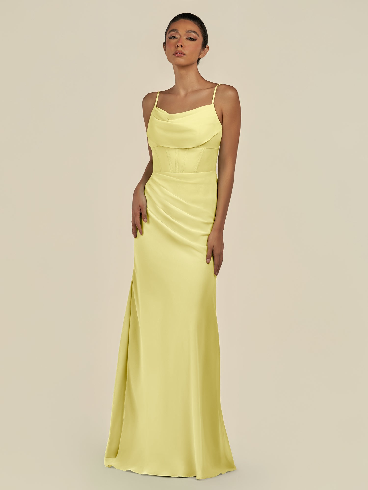 KissDress-Lumira Buttercup Sheath Spaghetti Straps Chiffon Ruched Long Bridesmaid Dress