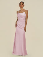 KissDress-Lumira Candy Pink Sheath Spaghetti Straps Chiffon Ruched Long Bridesmaid Dress