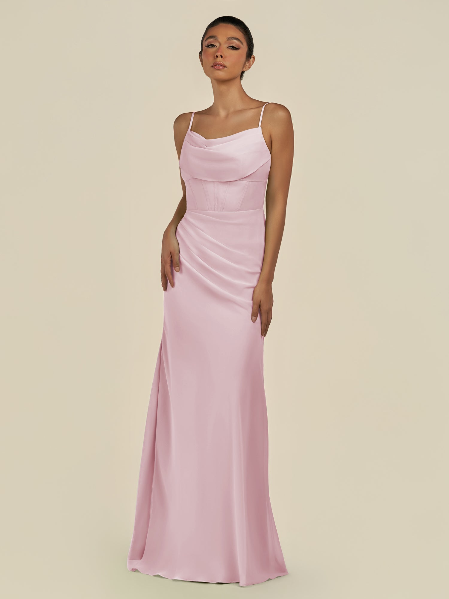 KissDress-Lumira Candy Pink Sheath Spaghetti Straps Chiffon Ruched Long Bridesmaid Dress