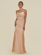 KissDress-Lumira Champagne Rose Sheath Spaghetti Straps Chiffon Ruched Long Bridesmaid Dress