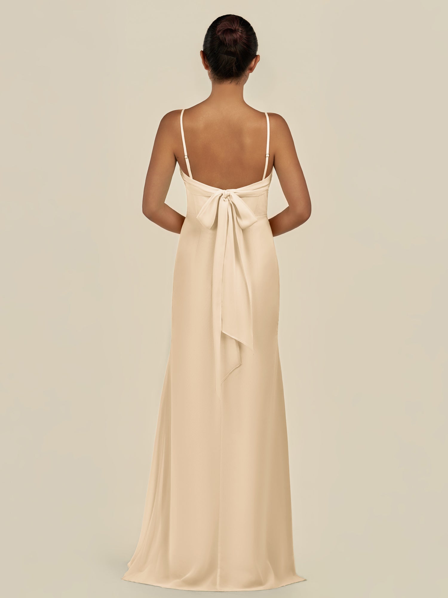 KissDress-Lumira Champagne Sheath Spaghetti Straps Chiffon Ruched Long Bridesmaid Dress