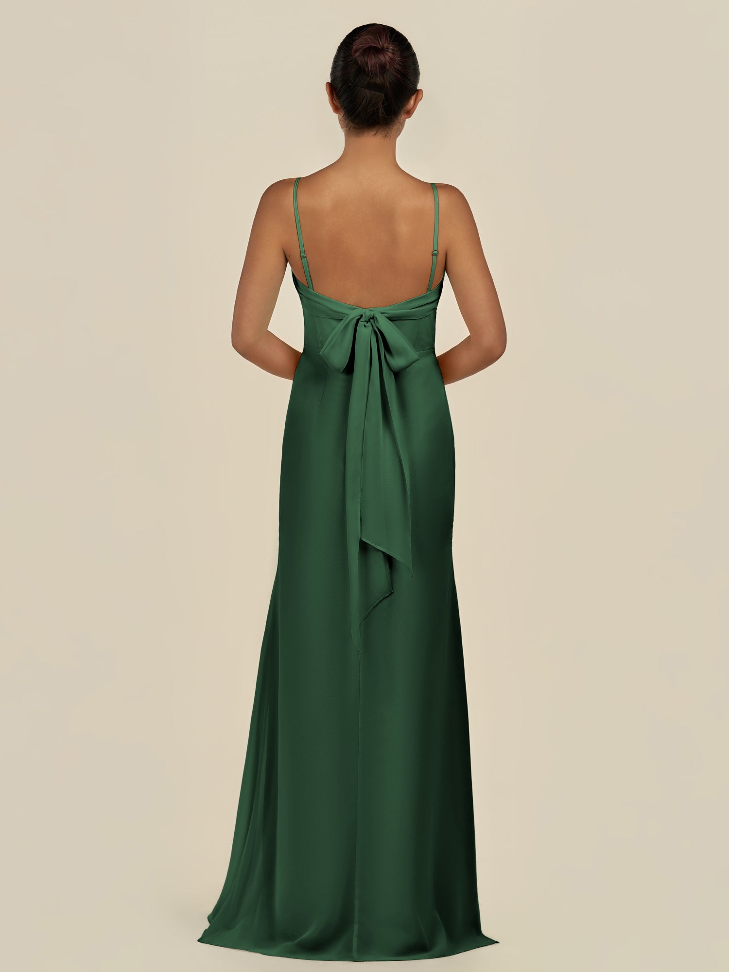 KissDress-Lumira Dark Green Sheath Spaghetti Straps Chiffon Ruched Long Bridesmaid Dress