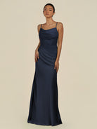 KissDress-Lumira Dark Navy Sheath Spaghetti Straps Chiffon Ruched Long Bridesmaid Dress