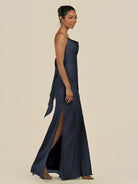 KissDress-Lumira Dark Navy Sheath Spaghetti Straps Chiffon Ruched Long Bridesmaid Dress
