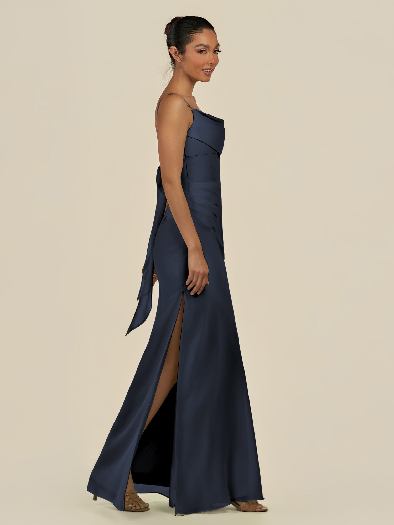 KissDress-Lumira Dark Navy Sheath Spaghetti Straps Chiffon Ruched Long Bridesmaid Dress