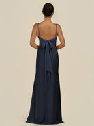 KissDress-Lumira Dark Navy Sheath Spaghetti Straps Chiffon Ruched Long Bridesmaid Dress