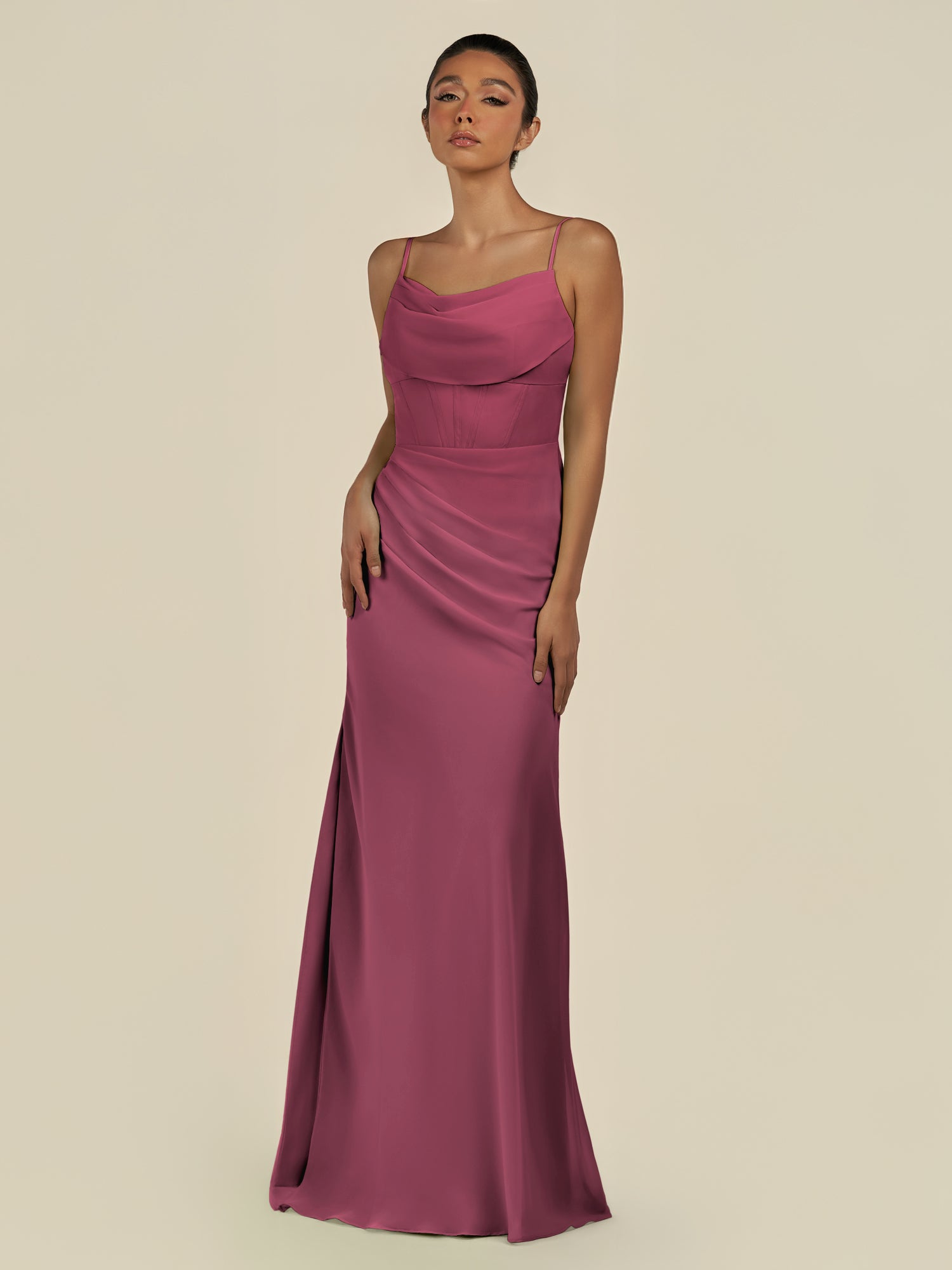 KissDress-Lumira Desert Rose Sheath Spaghetti Straps Chiffon Ruched Long Bridesmaid Dress
