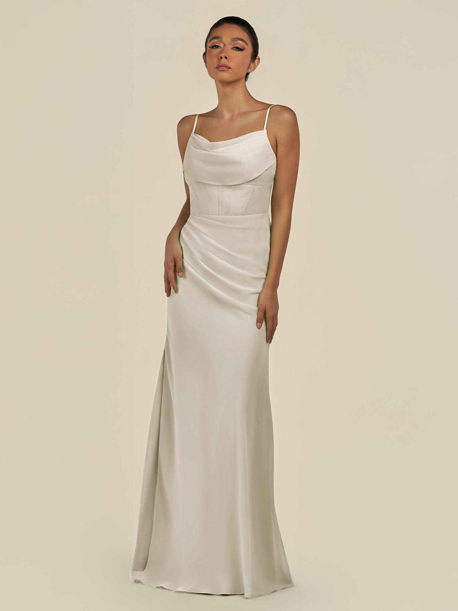 KissDress-Lumira Dove Gray Sheath Spaghetti Straps Chiffon Ruched Long Bridesmaid Dress