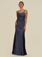 KissDress-Lumira Dusk Blue Sheath Spaghetti Straps Chiffon Ruched Long Bridesmaid Dress