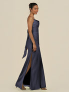 KissDress-Lumira Dusk Blue Sheath Spaghetti Straps Chiffon Ruched Long Bridesmaid Dress