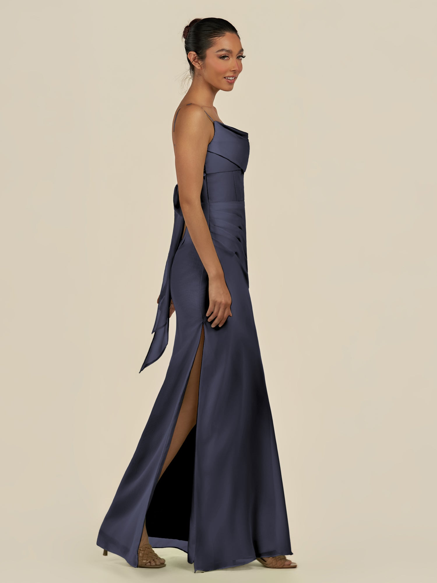 KissDress-Lumira Dusk Blue Sheath Spaghetti Straps Chiffon Ruched Long Bridesmaid Dress