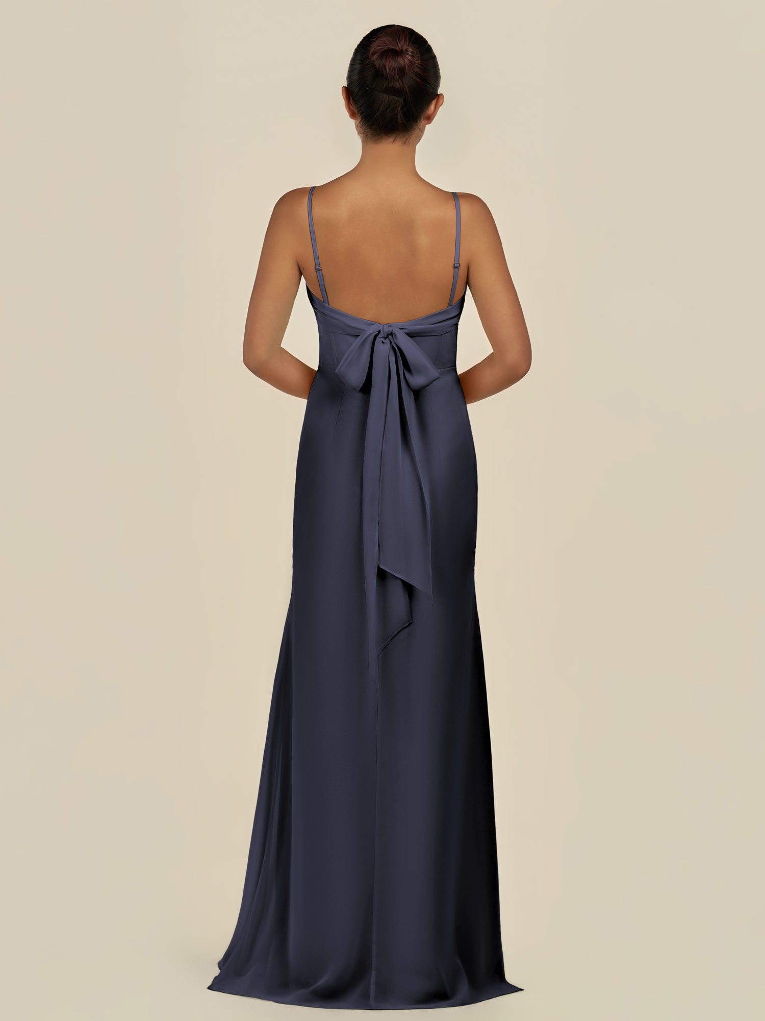 KissDress-Lumira Dusk Blue Sheath Spaghetti Straps Chiffon Ruched Long Bridesmaid Dress