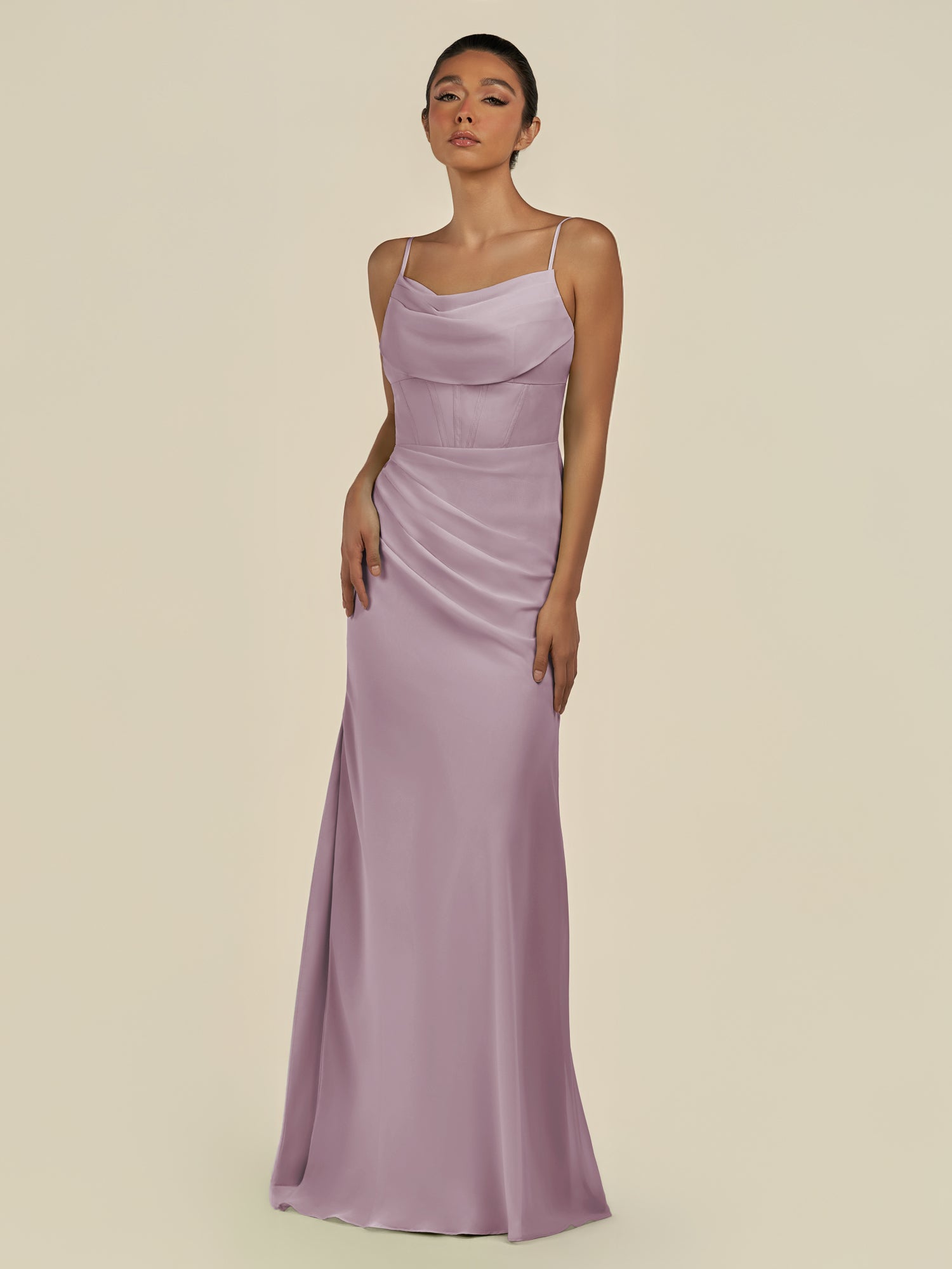 KissDress-Lumira Dusk Sheath Spaghetti Straps Chiffon Ruched Long Bridesmaid Dress