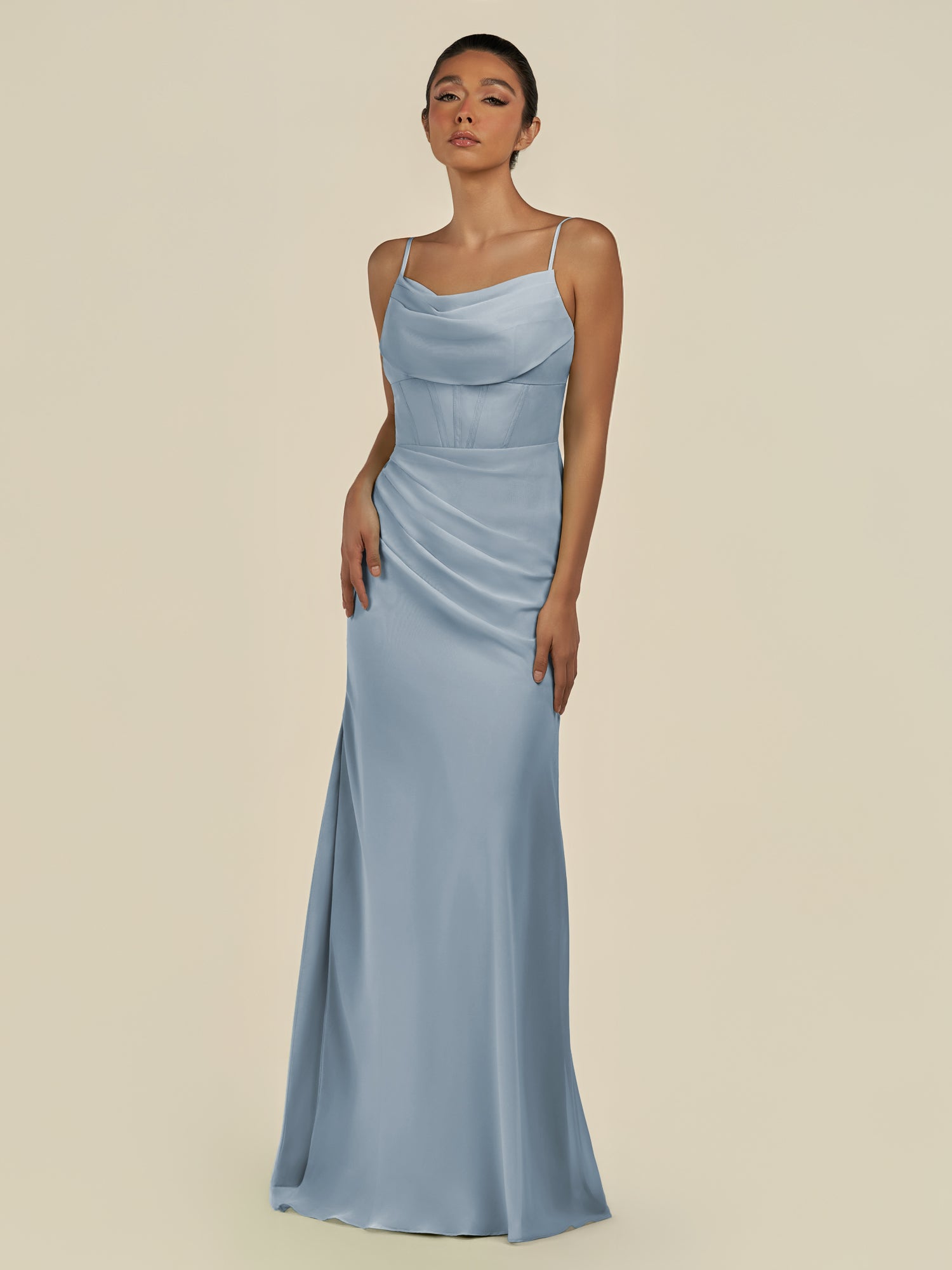 KissDress-Lumira Dusty Blue Sheath Spaghetti Straps Chiffon Ruched Long Bridesmaid Dress