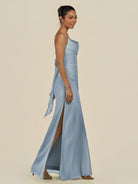 KissDress-Lumira Dusty Blue Sheath Spaghetti Straps Chiffon Ruched Long Bridesmaid Dress