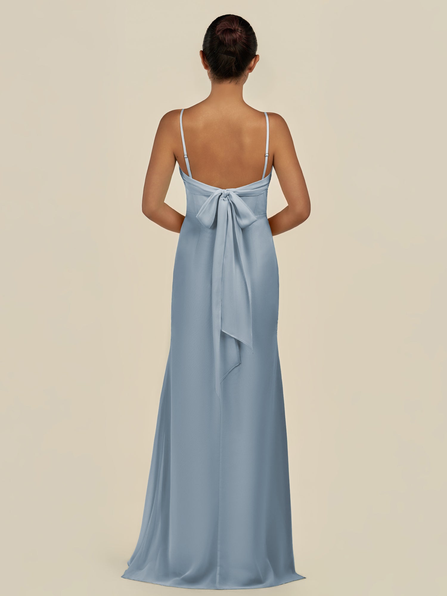 KissDress-Lumira Dusty Blue Sheath Spaghetti Straps Chiffon Ruched Long Bridesmaid Dress