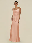 KissDress-Lumira English Rose Sheath Spaghetti Straps Chiffon Ruched Long Bridesmaid Dress