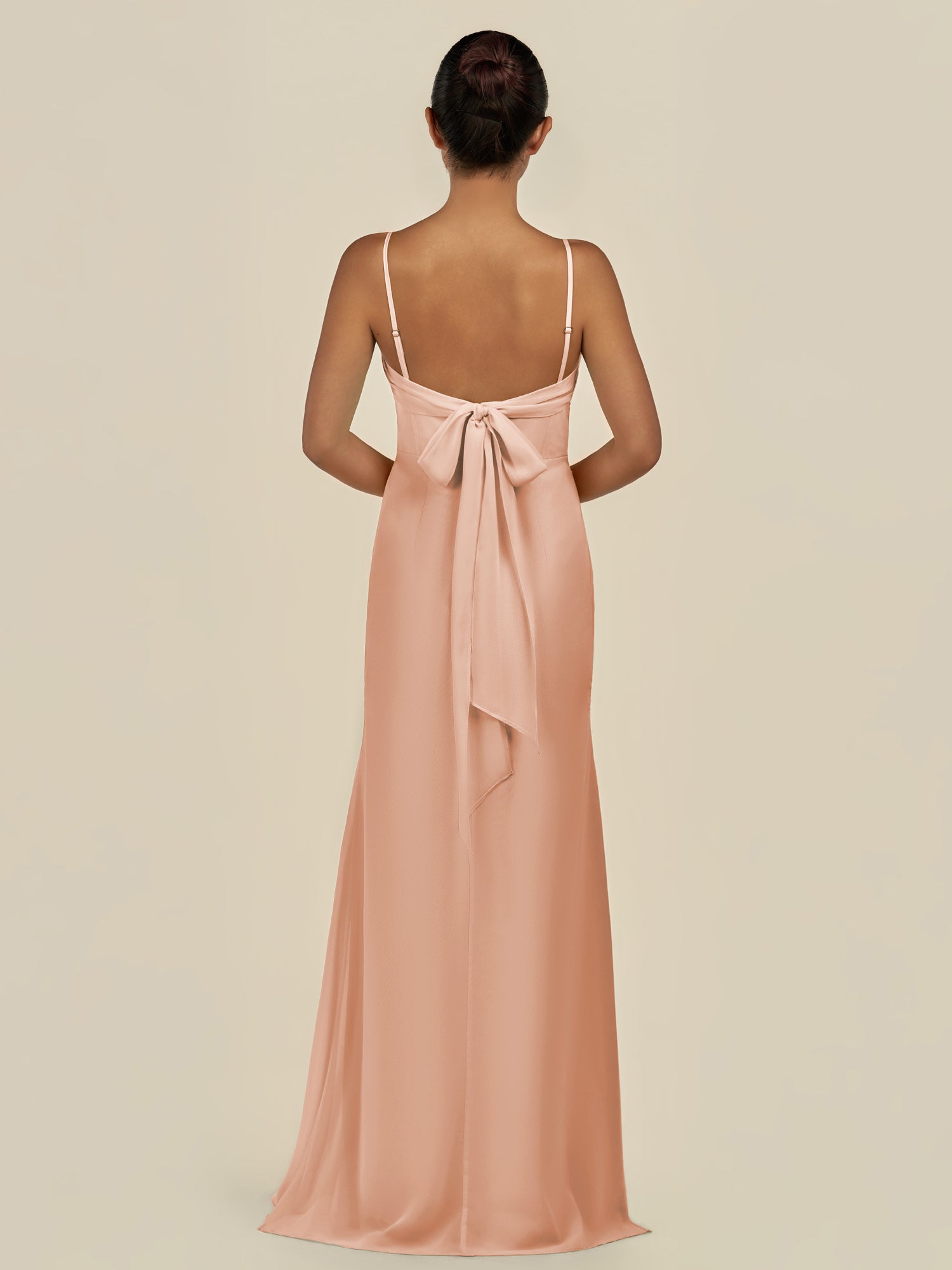 KissDress-Lumira English Rose Sheath Spaghetti Straps Chiffon Ruched Long Bridesmaid Dress