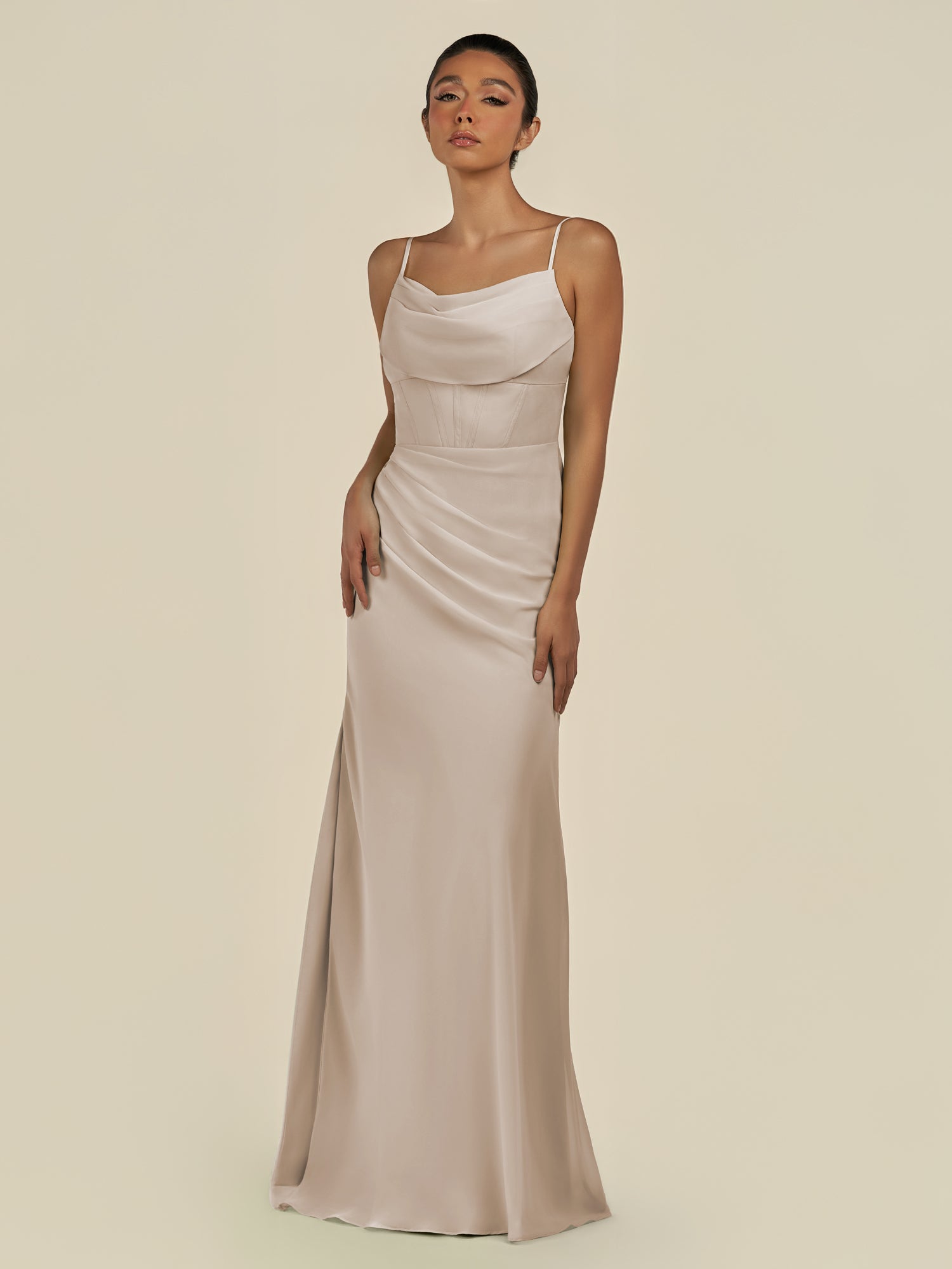KissDress-Lumira Frost Sheath Spaghetti Straps Chiffon Ruched Long Bridesmaid Dress