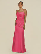 KissDress-Lumira Fuchsia Sheath Spaghetti Straps Chiffon Ruched Long Bridesmaid Dress